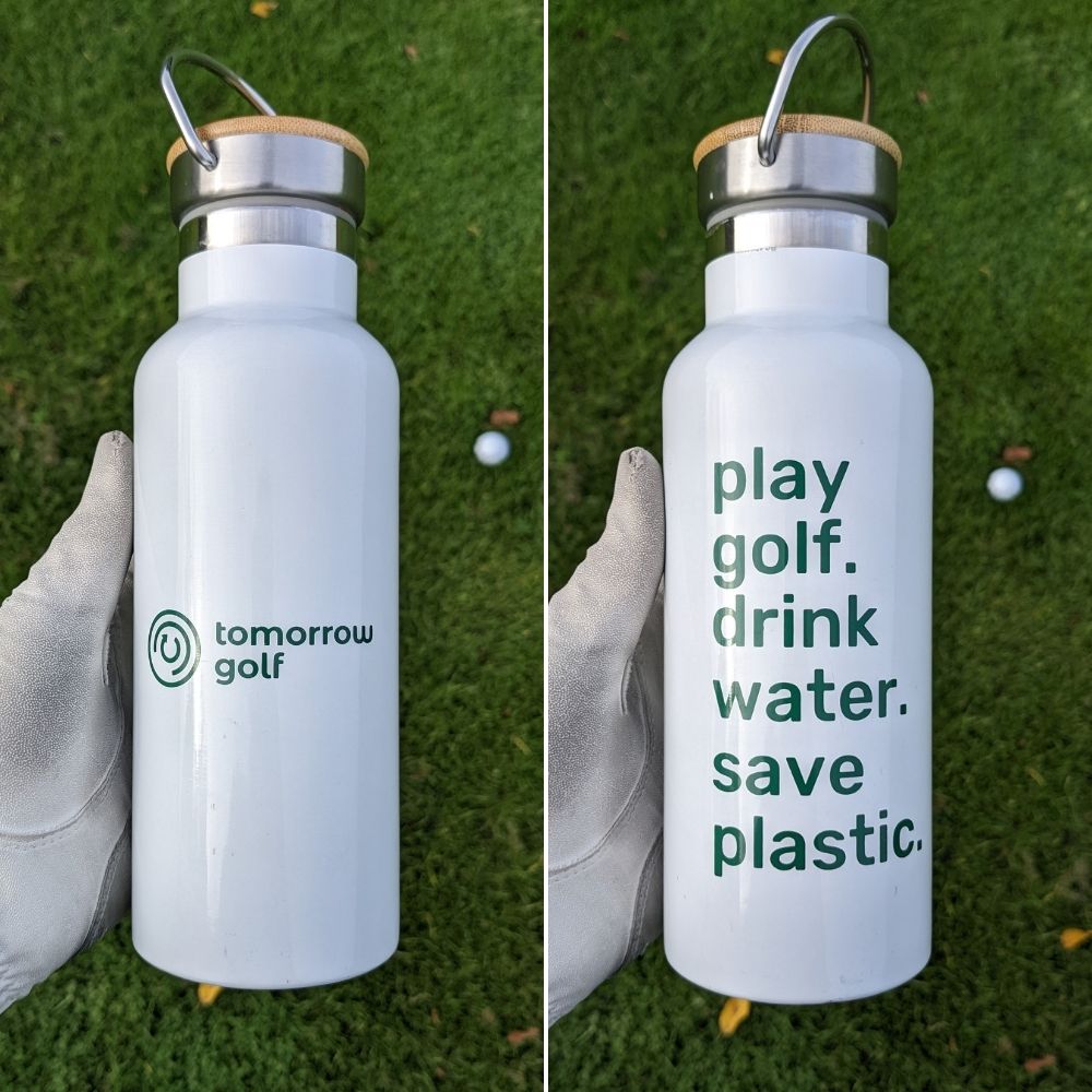 tomorrow golf reusable water bottle front and back