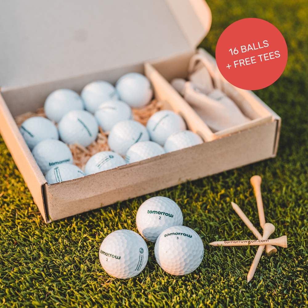 tomorrow golf Starter Pack recycled golf balls and bamboo tees, cardboard box